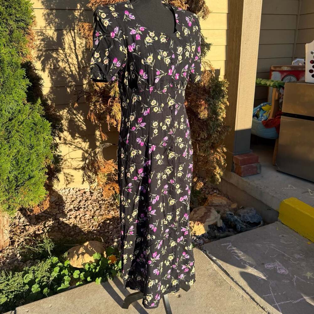 Jamie Brooke Floral Midi Dress Size M Black Rayon